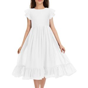 MITILLY Girls Elegant Lace Flower Crew Neck Ruffle Chiffon A-Line Flowy Birthday Party Midi Dress (6 Years, 04 White)