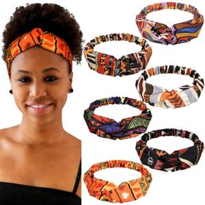 Syhood 6 Pieces African Headbands Boho Print Head Wraps Twist Knot Elastic Hair Bands Black History Month Criss Cross Headband Workout Yoga Sports Hair Accessories for Women