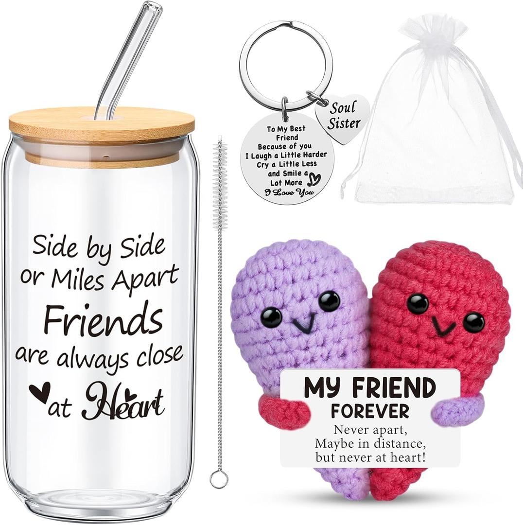LemonRoad 4 Pack Valentines Galentines Day Friendship Gifts for Women 16 oz Glass Cup with Lid, Straw Brush, Heart Crochet and Keychain with Organza Bag Birthday Gift for Soul BFF Sister Bestie