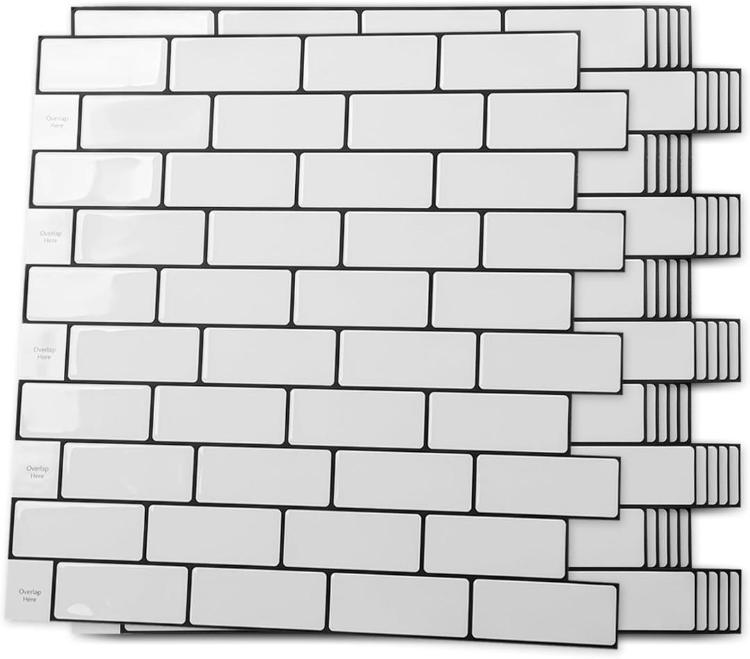 Art3d 10-Sheet Peel and Stick Backsplash Tile for Kitchen - 12”×12” Stick on Wall Tile for Kitchen Bathroom Countertop Living Room, Warm White with Black Grout