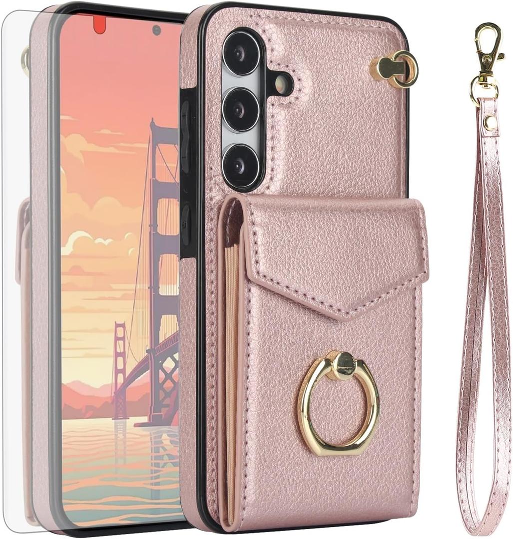 Asuwish Phone Case for Samsung Galaxy S24 5G Wallet Cover with Tempered Glass Screen Protector and RFID Blocking Ring Stand Credit Card Holder Leather Cell Accessories S 24 24S G5 Women Men Rose Gold