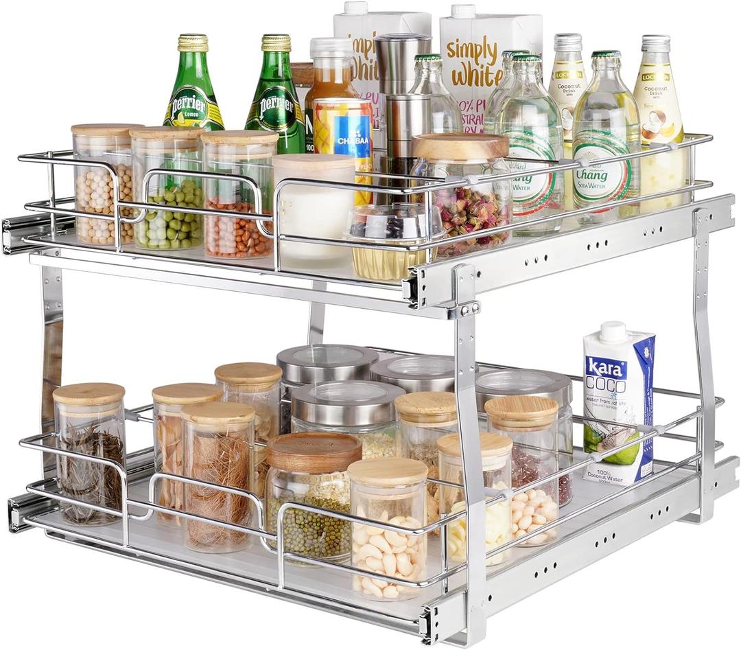 VEVOR 2 Tier 20"Wx21"Dx15"H Pull Out Cabinet Organizer, Heavy Duty Slide Out Pantry Shelves, Chrome-Plated Steel Roll Out Drawers, Sliding Drawer Storage, 21.5"Wx22"Dx18"H Install Size for Cabinet