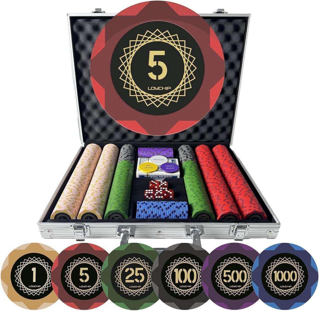 500 Piece Clay Poker Chip Set, Texas Holdem Blackjack 14g Heavy Clay Composite Numbered Chips with Aluminum Case 2 Decks 5 Dice Dealer Small Big Blind Buttons for Adult Casino Night