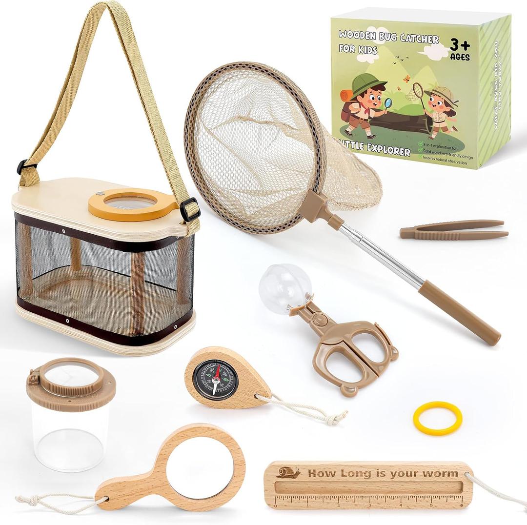 Wooden Bug Catcher Kit for Kids, Outdoor Explorer Nature Discovery Set with Butterfly Net, Bug Habitat & Magnifying Glass, Backyard Camping Outdoor Toys, Ages 312, Also Suitable for Toddlers
