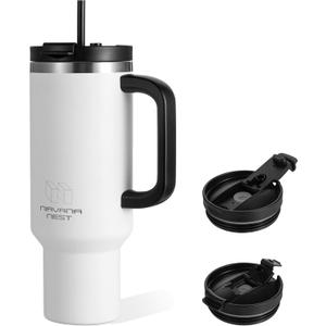 Stainless Steel 40 Oz Tumbler with Handle and Straw | Vacuum Insulated | Triple Function Leak Proof Lid | Water Bottle Travel Mug | Gifts for Women Men Him Her | White