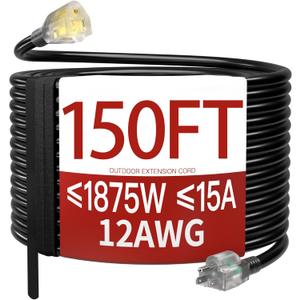 150 FT 12 Gauge Extension Cord Outdoor, Heavy Duty Weatherproof & Flame Retardant Black 3 Prong Power Cord with Light, Outside for Lawn & Garden, 15 Amps 1875 Watts 125 VAC 12AWG SJTW, ETL Listed