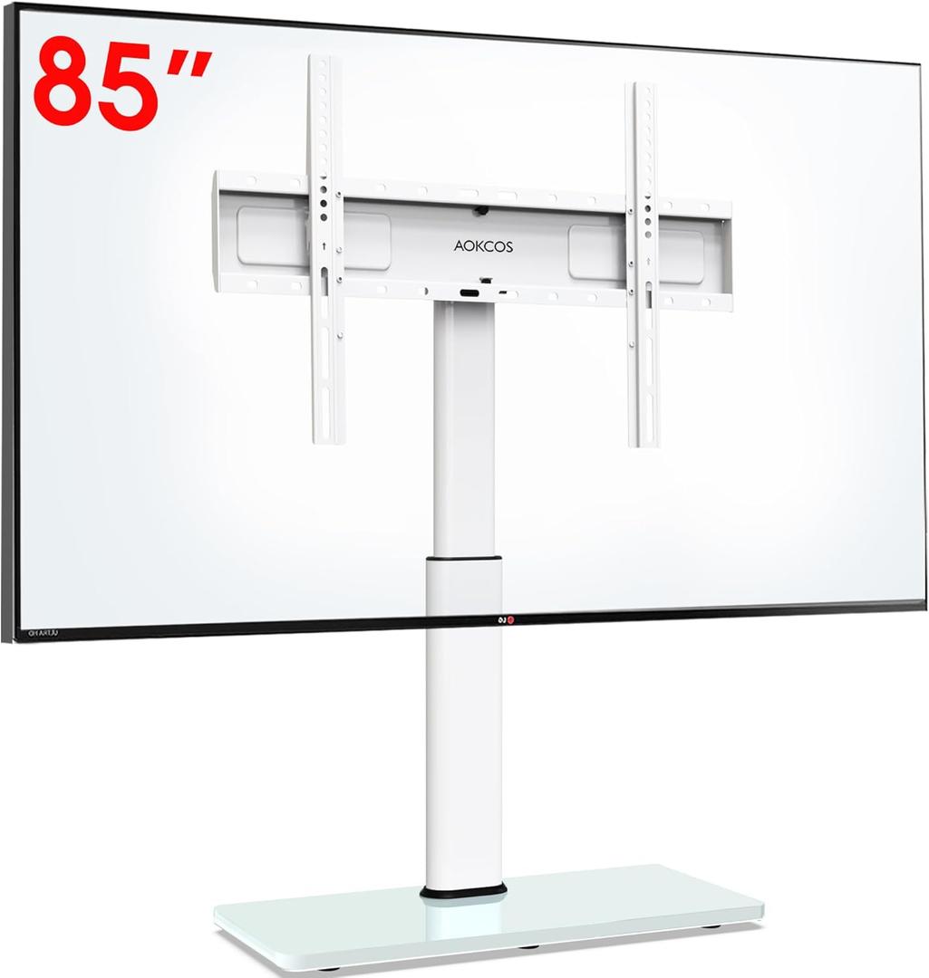 Universal TV Stand Table Top TV Mount Stand for 43 to 75 80 85 inch TVs, Tilting, 50 Degree Swivel, 8 Level Height Adjustable, Heavy Duty Tempered Glass Base, Holds up 132lbs, White