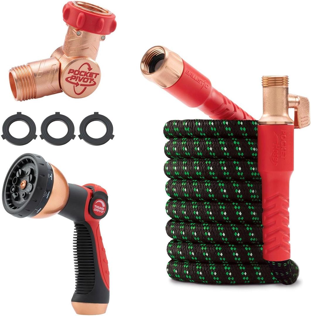 Pocket Hose Ballistic Double UV Edition 25 FT Expandable Garden Hose w/Pocket Pivot Swivel Connector, Anti-Burst Sleeve Reinforced w/Bulletproof Fiber, Lightweight, No-Kink, Compact, AS SEEN ON TV