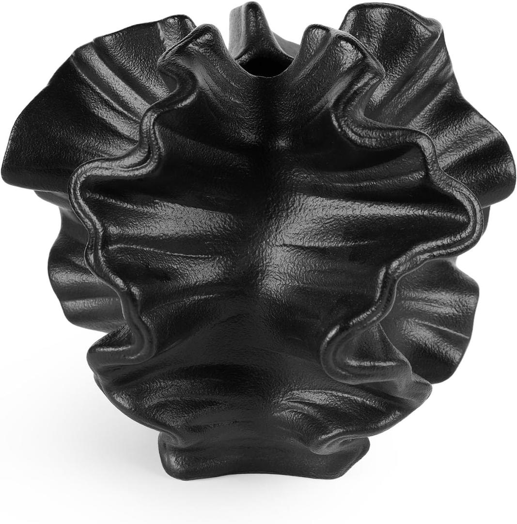 Black Ceramic Vase Coral Flower Vases for Pampas Grass, Handmade Nordic Boho Matte Black Vase for Home Decor, Living Room, Dining Table, Office, 5" H (Black Small Coral Vase)