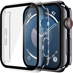 Misxi 2 Pack Tempered Glass Case Compatible for Apple Watch Series 9 Series 8 Series 7 45mm, Hard PC Screen Protector Overall Protection Scratch-Resistant Cover for iWatch, 1 Jet Black + 1 Transparent