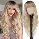 Ombre Blonde Wig with Bangs Long Wavy Wig Platinum Blonde Wigs for Women 26 Inch Blonde Highlight Wig with Dark Roots Natural Synthetic Wigs Curly Hair Replacement Wig for Daily Party Cosplay Use