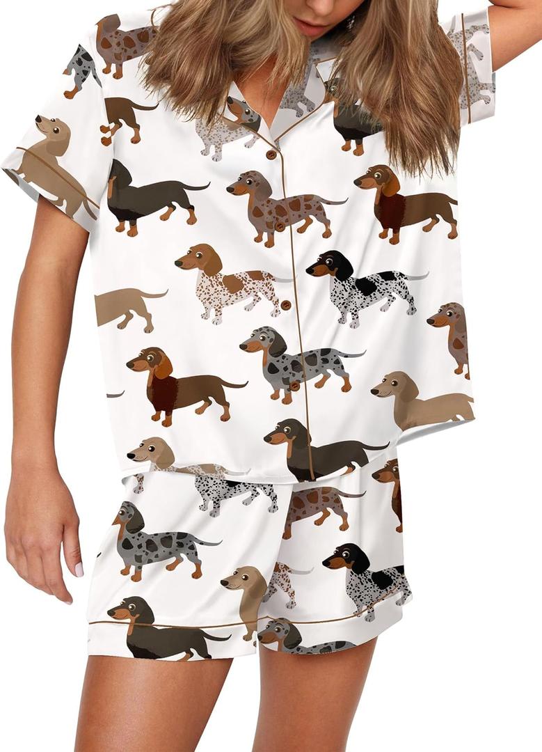 SHESHOW Funny Graphic Pajamas for Women Set Button Down Short Sleeve Top and Shorts Pjs Sets Sleepwear XS-XXL (Dachshund)