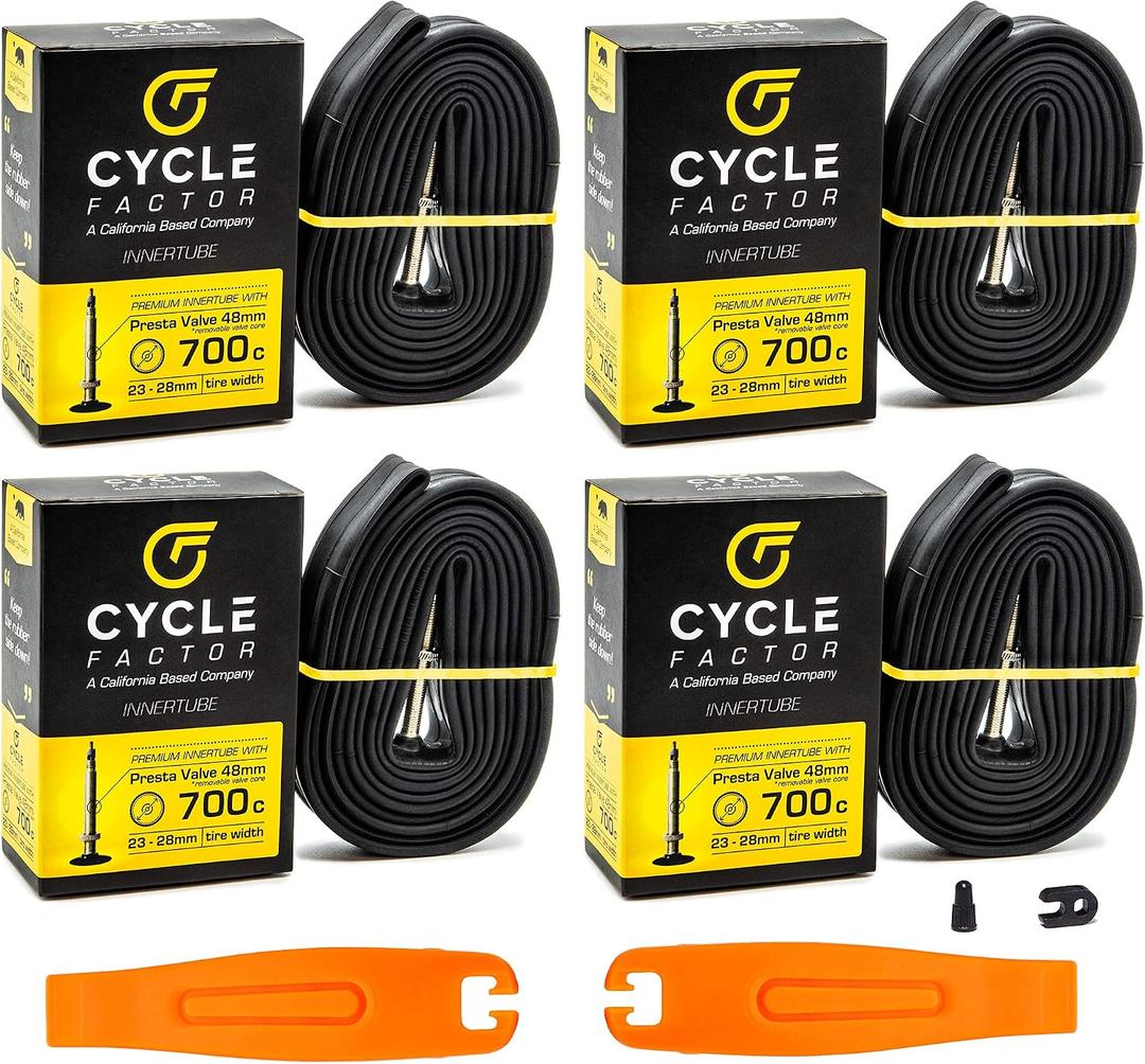 Cycle Factor 700c 23/28mm Width Presta Valve 48mm Innertube with Removable Valve core and kit (4-Pack w/tire levers and core Remover kit)