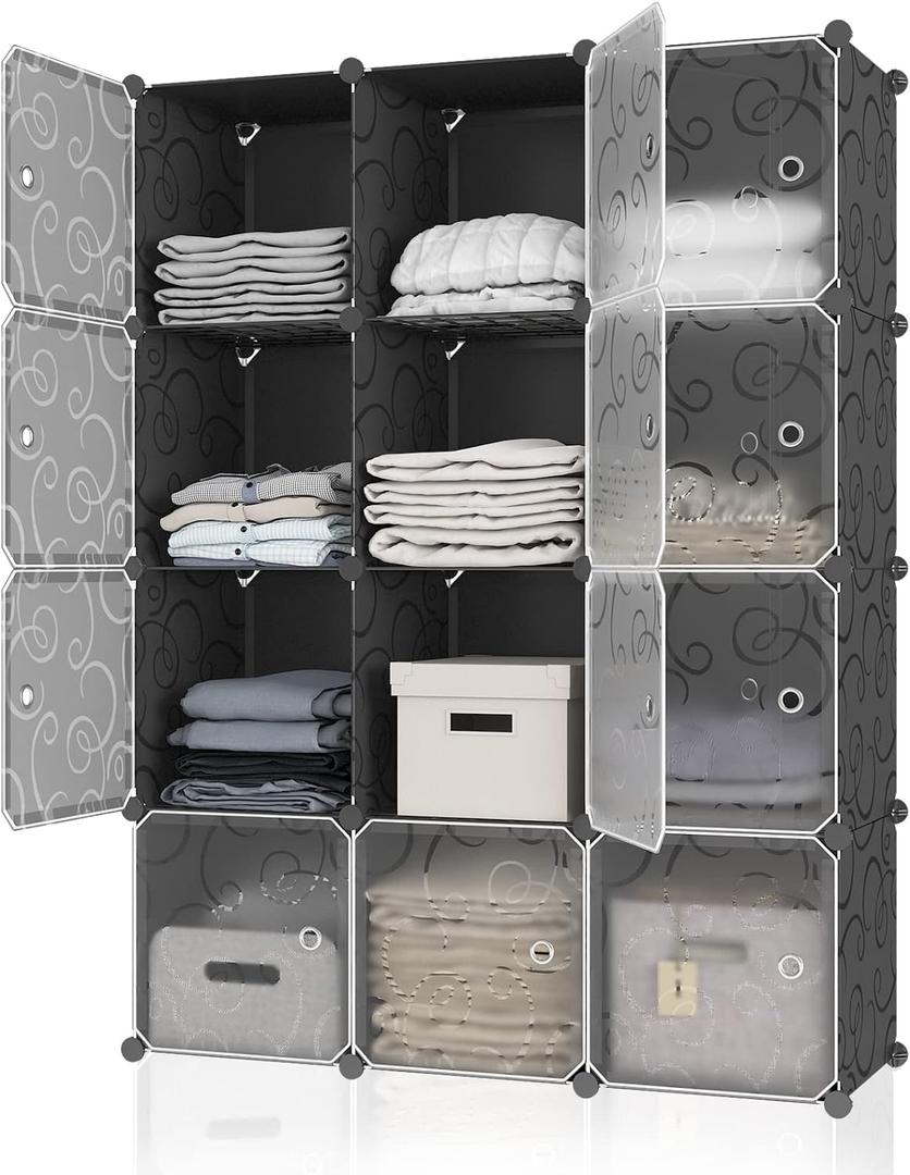 MAGINELS Portable Storage Cubbies - 14"x14" Cube Shelves Organizer Shelf for Clothes, Portable Toy Cabinet, Plastic Dresser Clothes Cubes, Black, 4x3-Cube ater Bulk Small Water Bottles Dean Products
