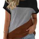 Womens Color Block Short Sleeve Tops Casual Summer T-Shirt (Large, Black+ Grey+ Brown)