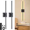 Battery Operated Wall Sconce Set of 2, Wall Sconces 3000K-6000K Dimmable Rechargeable Wall Sconce with Remote Control, 350Rotate LED Wireless Wall Lights for Living Room, Hallway, Bedroom(Black)