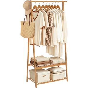 Bamboo Clothing Rack with Shelves, Wood Garment Rack for Hanging Clothes