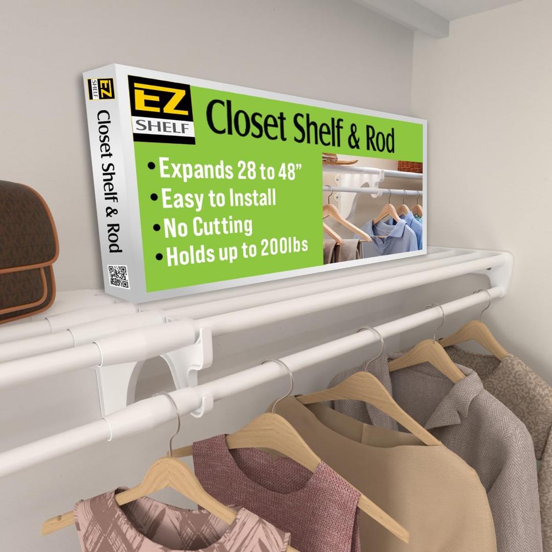 EZ SHELF Closet Shelf with Hanging Rod - 28-48 Expandable, White, Closet Shelves - Strong, Holds 200 lbs - DIY, Easy Install to 2 Side Walls - Alternative to Wire Shelving
