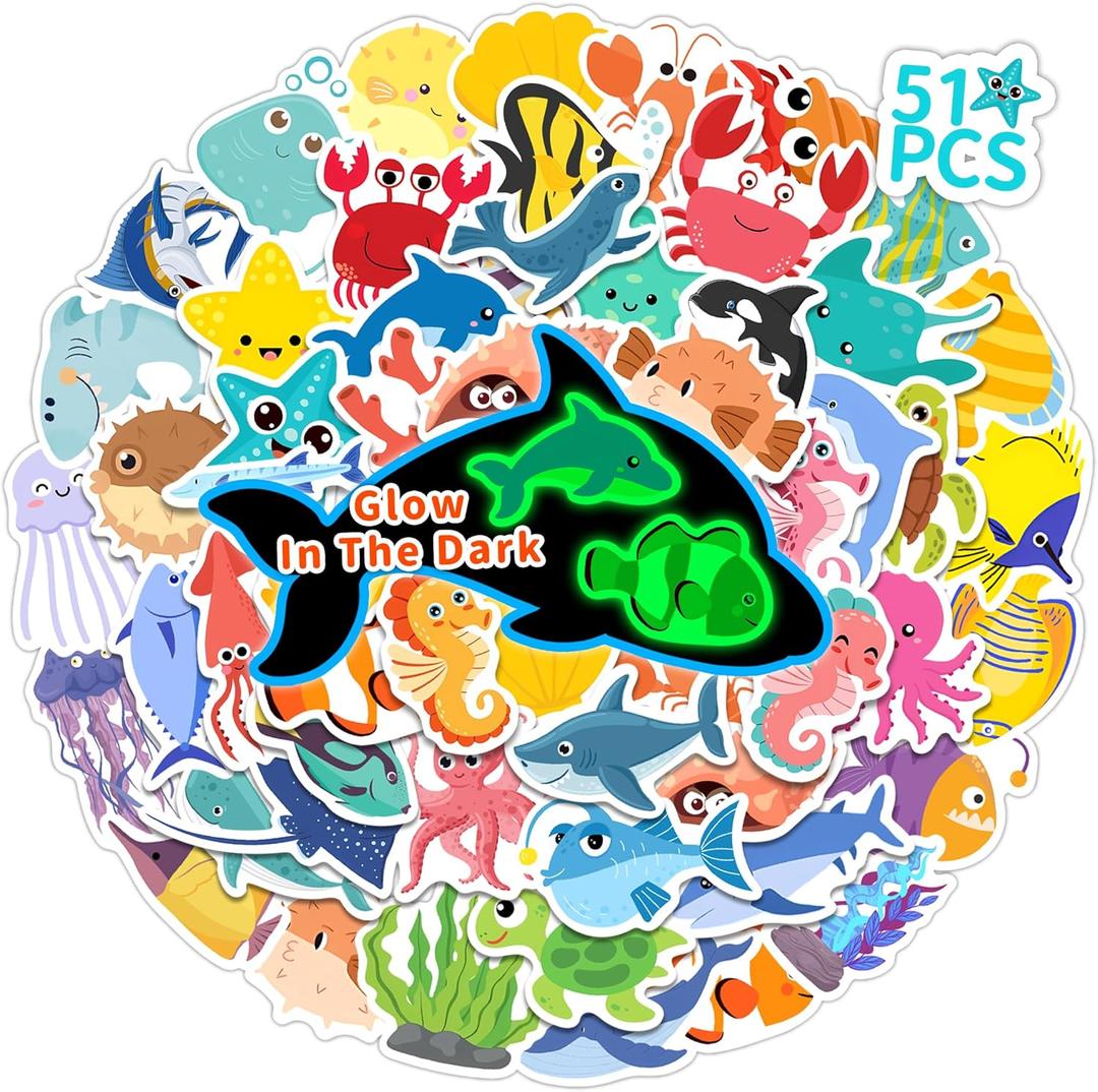 Glow in The Dark Cute Ocean Animals Water Bottle Stickers for Kids, 50 Pcs Colorful Cartoon Sea Animals Vinyl Waterproof Laptop Decals, Skateboard Mugs Phone Case Luggage Scrapbook Decor (Luminescent-228kshr)
