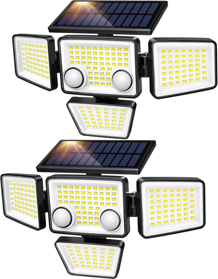 LYWALT Solar Outdoor Lights - 3000LM 188 LED Motion Sensor Outdoor Lights, 4 Heads Security Light,IP65 Waterproof, Easy Install,270Wide Angle Flood Wall Light with 3 Modes for Backyard Yard (2 Pack)