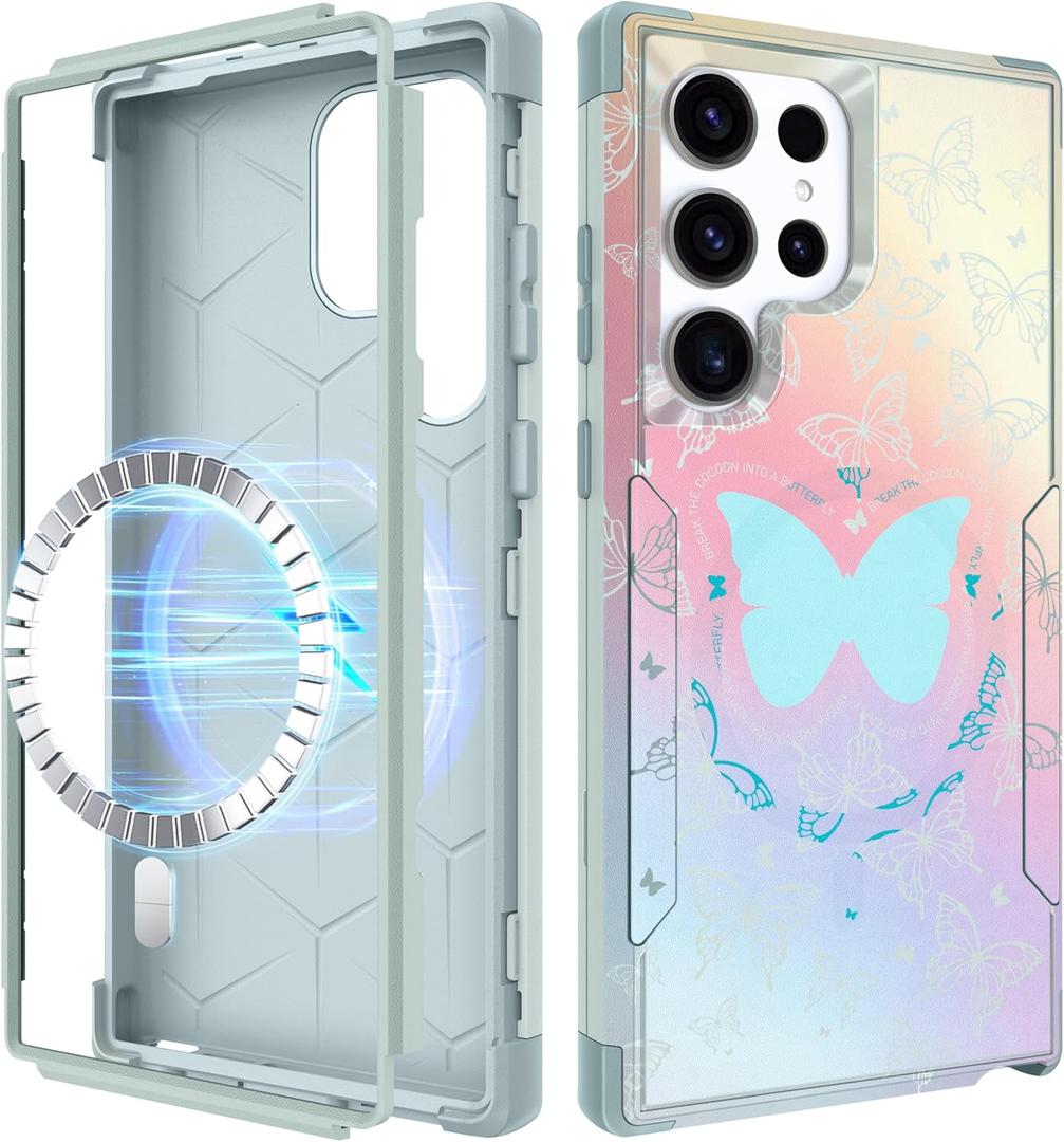 for Samsung Galaxy S24 Ultra Case - [Compatible with MagSafe] Women Girls Cute Magnetic Protective Phone Cover Girly Butterfly Pretty Heavy Duty Shockproof Funda para Samsung S24 Ultra Cases