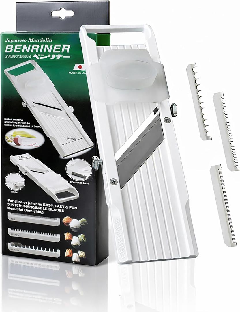 Benriner Japanese Mandoline Slicer  Vegetable Slicer with 4 Stainless Steel Blades, BPA-Free Adjustable Vegetable Cutter  Official US Version with Authentic Retail Packaging (Classic Slicer, White)