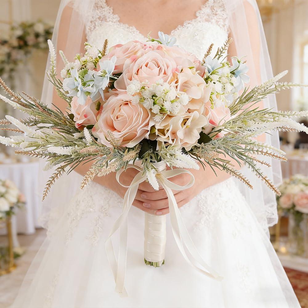 LESING Bridal Wedding Bouquets Artificial Rose Handmade Romantic for Bride Bridesmaid Holding Flowers, 11.8'' (Rose Bouquet-Pink)