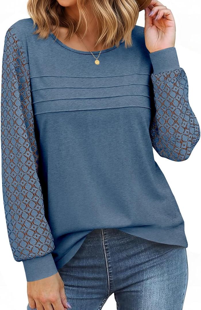 Tankaneo Womens Long Sleeve Lace Tops Casual Eyelet Tunic Shirts Crewneck Pleated Fall Blouses (Small, Blue Grey)