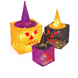 Sunnyglade Set of 3 Halloween Decoration Lights Fabric Gift Box with Plug, Top Hat and 70 LED Lights for Halloween, Autumn , Yard, House Party Supplies