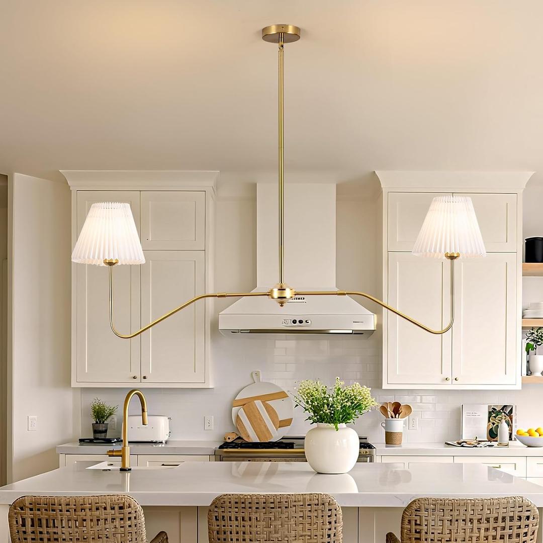 2-Lights Linear Kitchen Island Lighting Fixture, Modern Chandelier for Dining Room Light Fixtures Over Table,Gold Pendant Lighting with White Pleated Shade for Dining Table (Gold)