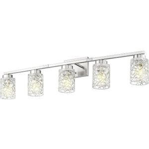 Emliviar 5-Light Modern Bathroom Vanity Light with Clear Geometric Glass, 40 Modern Brushed Nickel Bathroom Wall Light, E26 Base, HE294B-5W BN