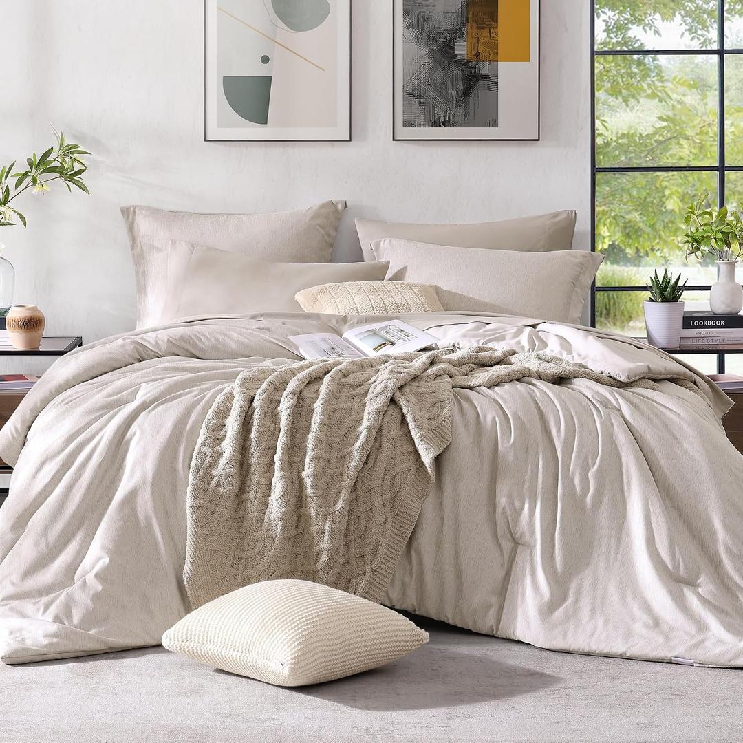 Monbix King Size Comforter Set, Oatmeal Cationic Dyeing Bed Set Reversible, King Size Comforter Set 7 Pieces Bed in a Bag with Comforter, Sheets, Pillowcases & Shams