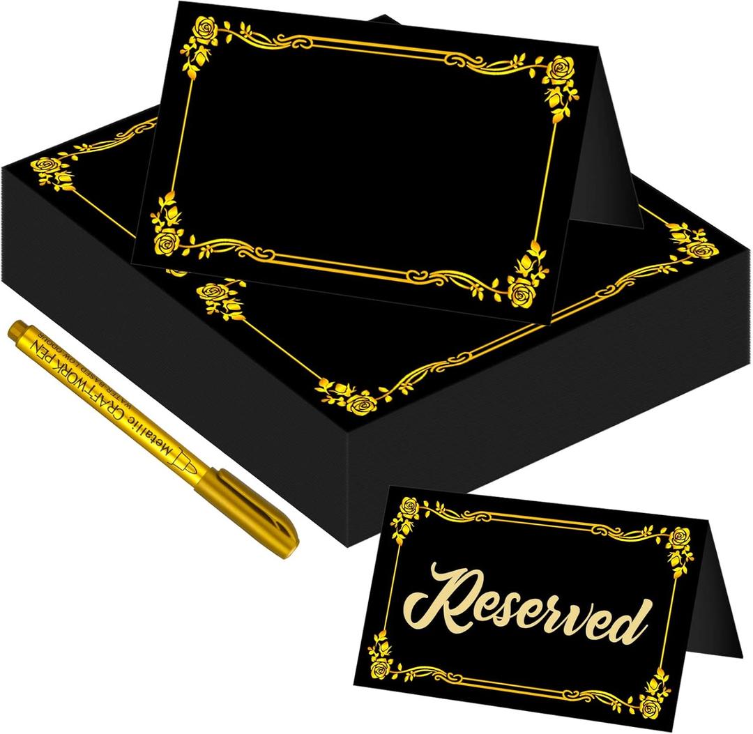 100 Pcs Black Place Cards and Gold Pen for Weddings, Name Cards with Gold Foil Border for Table Setting Folded Table Tents Sign for Buffet Banquet Parties Events Celebrations