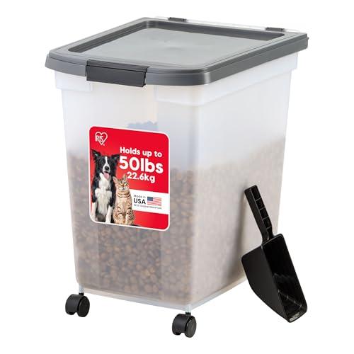 IRIS USA Dog Food Storage Container 50 lbs, with Removable Rolling Wheels & Included Scoop, for Dog Cat Bird and Other Pets, Food Storage Bin, Keep Fresh, Made in USA, Clear/Dark Gray