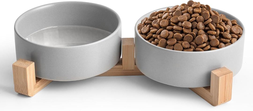 Grey Ceramic Dog & Cat Bowl Set  13.5 OZ with Wooden Stand, Non-Slip, Elevated Design for Small Dogs & Cats  2 Bowls (Food & Water, Ceramic Pet Bowls, Modern Dog Bowls)