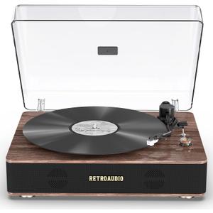 Record Player Belt Drive Turntable with Built-in Speakers High Fidelity Sound Vinyl Record Player with Magnetic Cartridge Bluetooth Playback Wireless and RCA Line Output