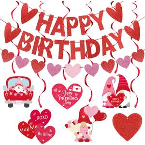Red Glitter Happy Birthday Valentines Banner and Valentines Heart Garland Valentines Hanging Swirls Valentines Day Birthday Banner for Valentines Day Birthday Party Decorations