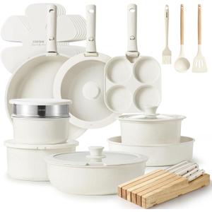CAROTE 33pcs Pots and Pans Set Non Stick, Cookware Set, Removable Handle Pots and Pans Nonstick, RV Oven Safe Cookware, Induction Kitchen Cookware Set, Knife Set, Cream White