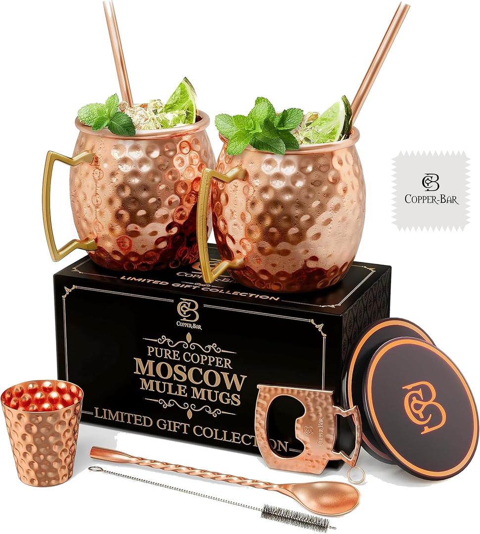 COPPER-BAR Moscow Mule Copper Mugs - Unique HANDCRAFTED Gift Set of 2, Hammered by Artisan, 100% Pure Solid Copper Cups 16oz for Drinking Water & Cocktails, Include 13 Pcs accessories & Special Opener