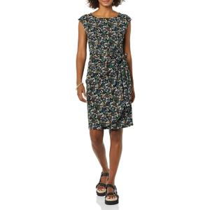 Amazon Essentials Women's Cap Sleeve Boat-Neck Faux Wrap Dress (Large, Black Ditsy Floral)