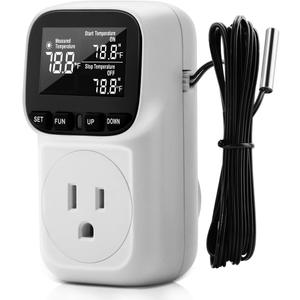 Diymore Digital Plug in Thermostat Outlet Temperature Controller Electric Digital Thermostat Heating Cooling Mode Timer Socket 120V Heating Cooling Control 110V 15A Celsius Fahrenheit Display, White