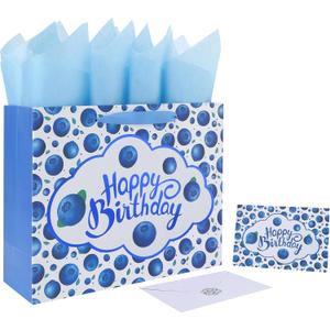2 x 13'' Large Blueberry Happy Birthday Gift Bag Set with Handles, Greeting Card, Tissue Papers and Stickers for Boys Girls Kids Teens Women Men, Fruit Themed Birthday Design, 1 Pcs