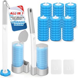 2 Pack Disposable Toilet Brush with 54 Refills, Toilet Bowl Cleaner, Toilet Brush and Holde Set, Wall Mounted Toilet Bowl Scrubber for Bathroom Maintenance
