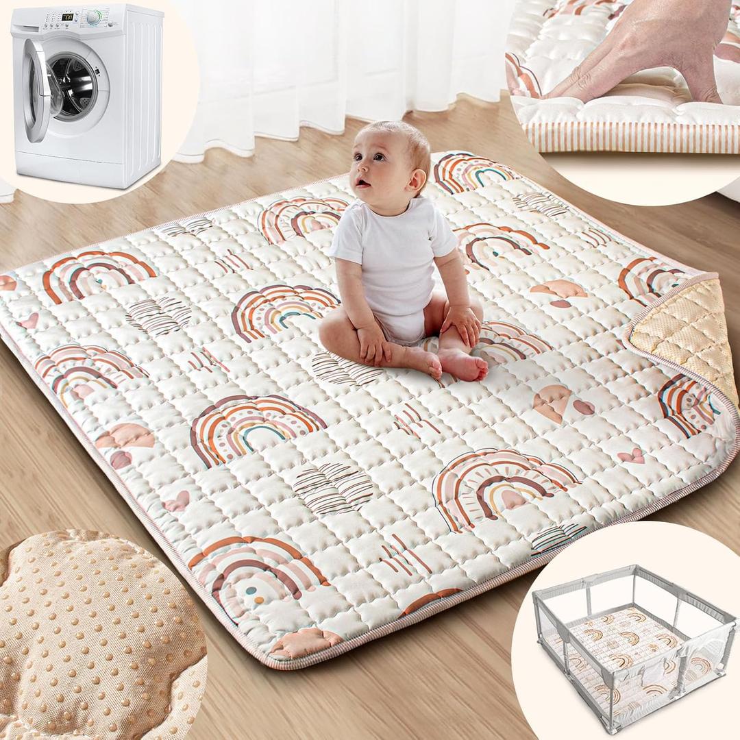 Baby Play Mat, 50x50 Playpen Mat with Super Soft Touch, Activity Mat with Upgraded Anti-Slip Bottom, Machine Washable Crawling Mat for Floor & Picnic(Boho Rainbow)
