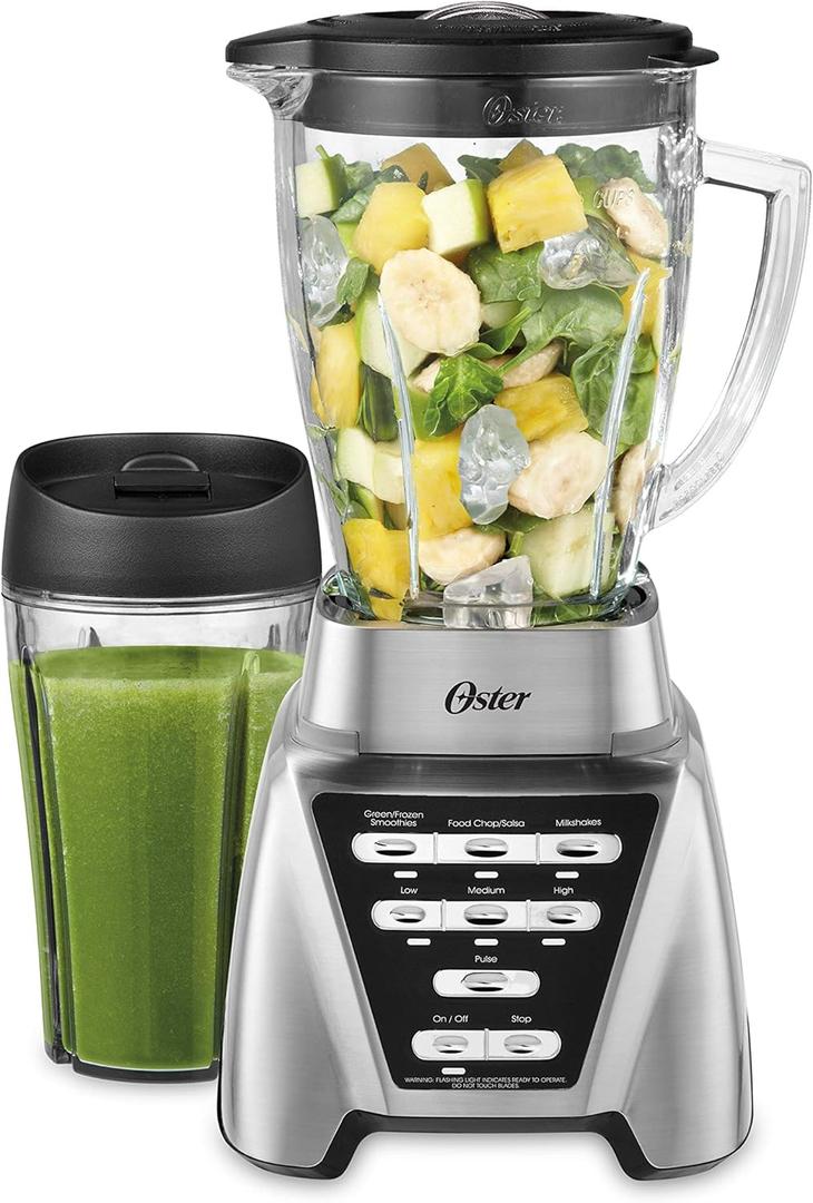 Oster Pro 1200 Smoothie Blender with Glass Jar & 24oz To-Go Cup, Countertop Kitchen Blender with 7 Speeds, 1200W Power, Brushed Nickel