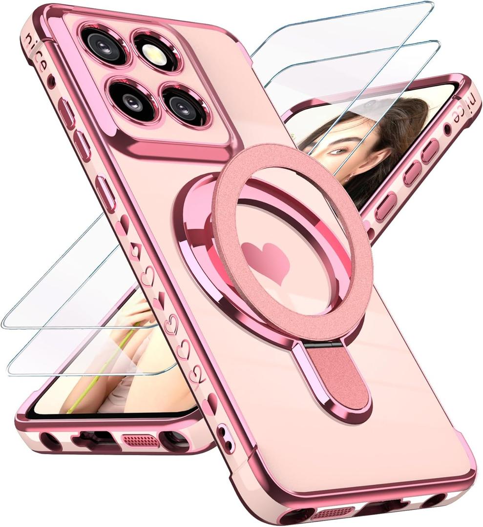 for Motorola Moto G Stylus 5G 2025 Love Heart Kickstand Case with 2X Screen Protector: Luxury Plated Gold Edge Slim Soft TPU Shockproof Protection Case for Moto G Stylus 5G 2025 (Pink)