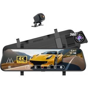 4K Mirror Dash Cam Front and Rear, 10'' Touch Screen Rear Digital View 1080P Mirror Camera for Cars, 170 Night Vision, WDR, 24H Parking Monitoring/Rerverse Assist/Trucks with Voice Control/G Sensor