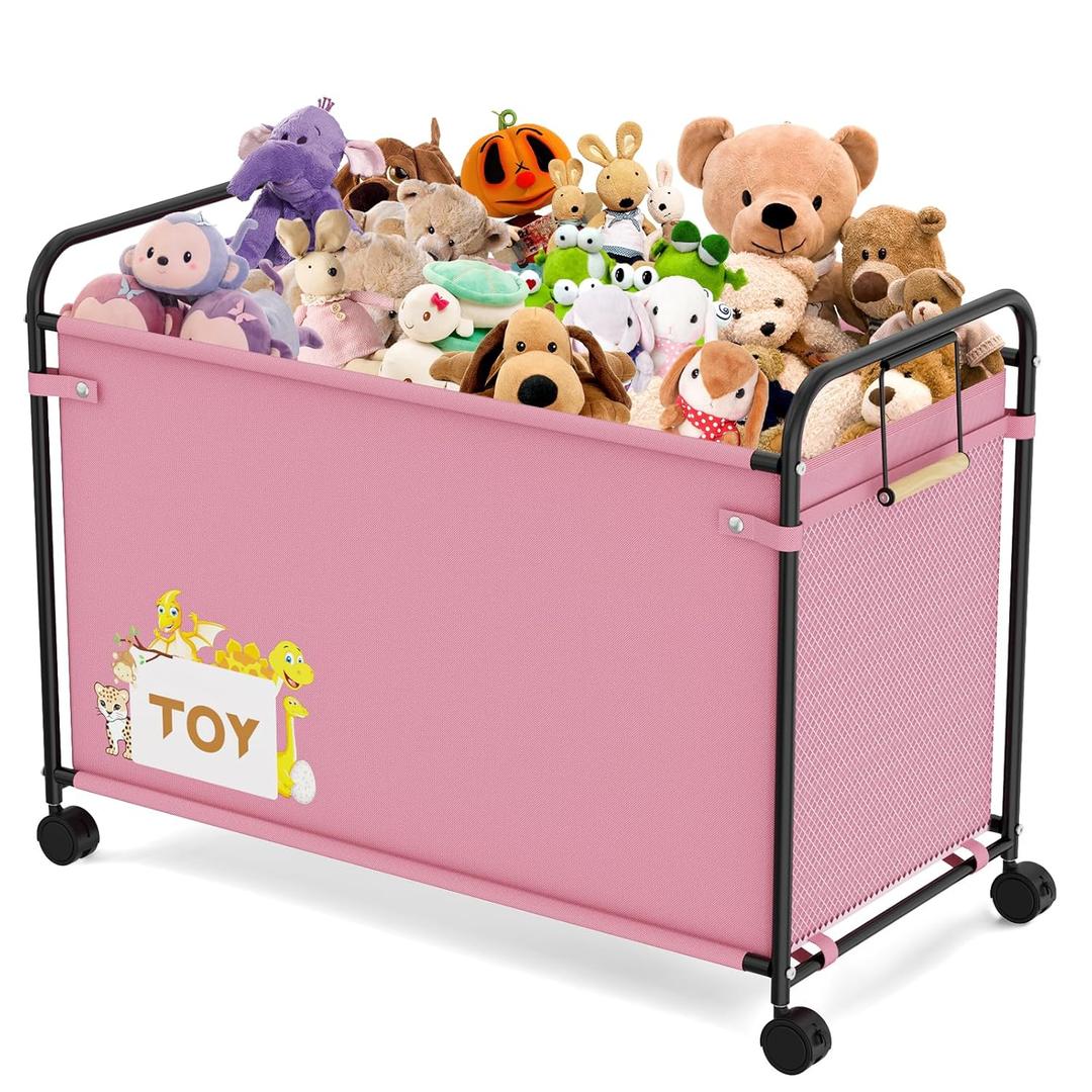 Toy Box Storage, 180L Extra Large Toy Chest with 360 Wheels, Oxford Cloth Metal Toy Box for Boys, Girls, Stuffed Animals, Clothes, Bedroom, Living Room (Pink)