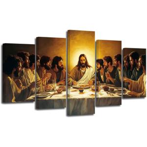 ZSHARTSWD 5 Piece The Last Supper Wall Art Large Christian Wall Decor Jesus Canvas Pictures Religious Paintings Print for Living Room Dining Room Home Framed (Yellow, 12x16inx2 12x24inx2 12x32inx1)