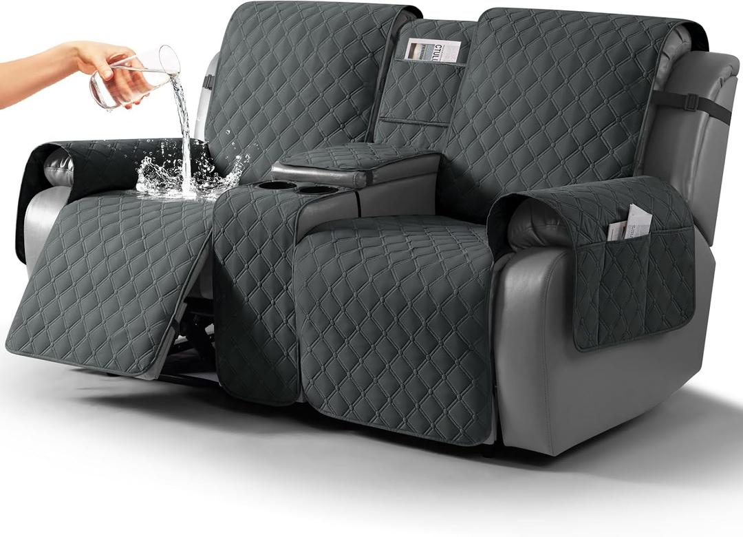 TAOCOCO 100% Waterproof Loveseat Recliner Covers with Console, Dark Gray